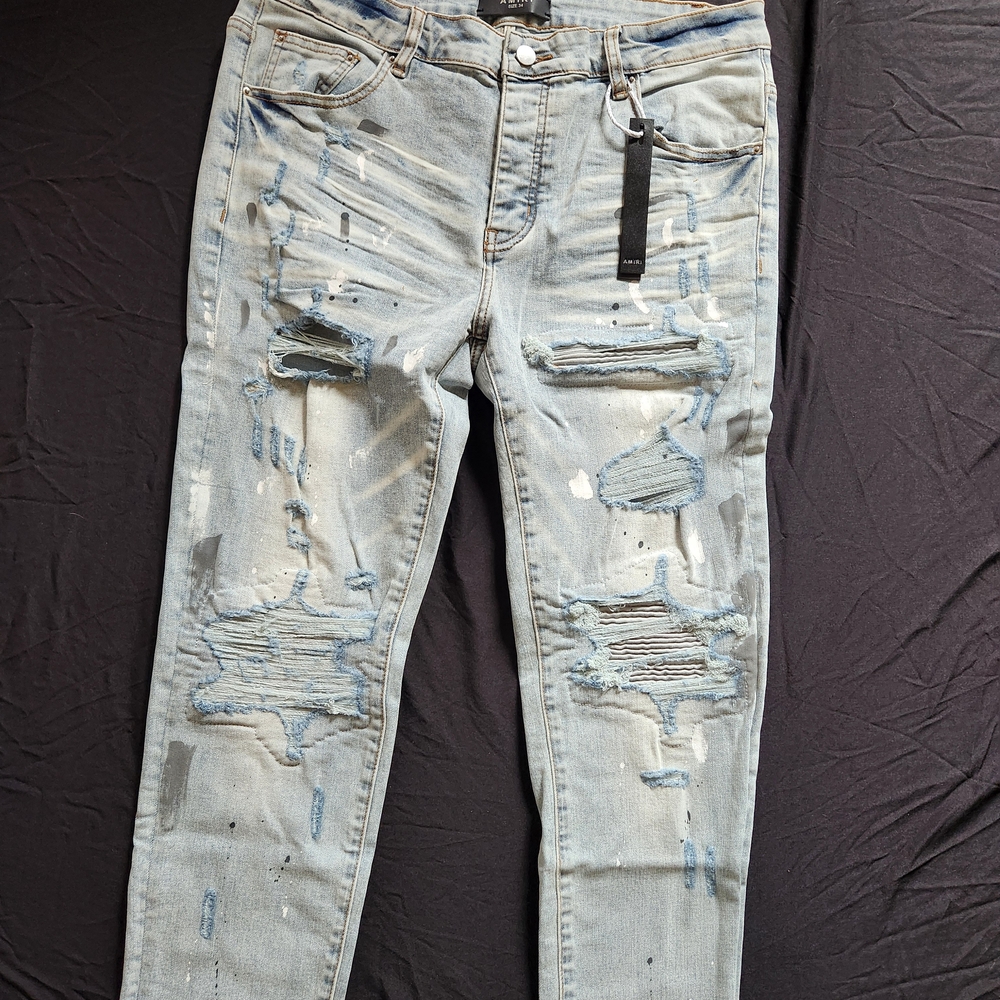 AMIRI Light Blue Distressed Skinny Jeans